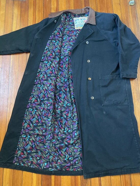 Red Pepper Action Wear Jackets & Blazers - Black Denim Trenchcoat with Colorful Flannel Lining and Brown Leather Collar